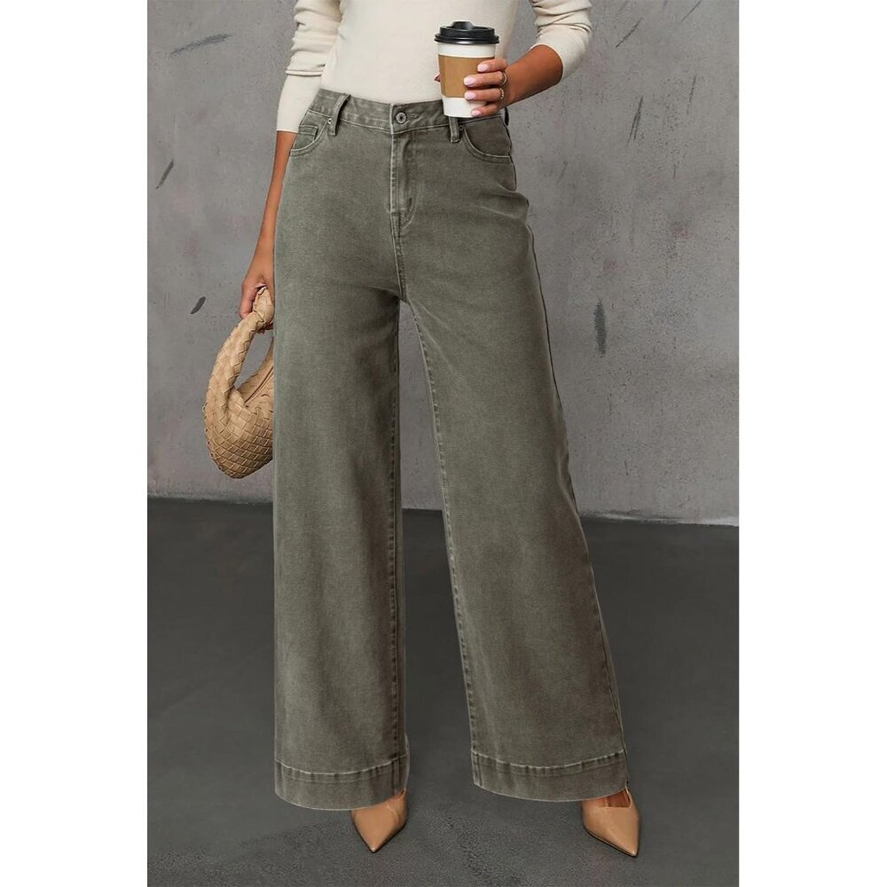 Women's Guacamole Casual High Waisted Stretch Button Wide Leg Loose Denim Jeans - Picture 5 of 6